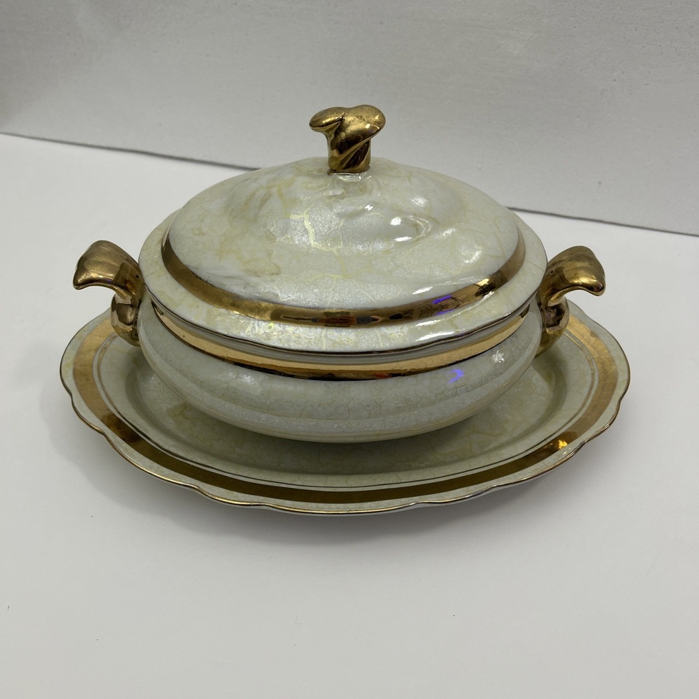 Vintage Oriental Accent Gold Trim Ivory Tureen Lid Platter Decorative 5612